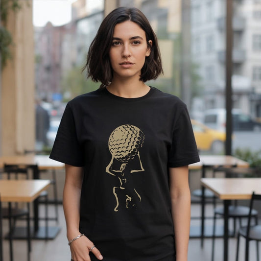Black t-shirt with a gold graphic of a person holding a golf ball.