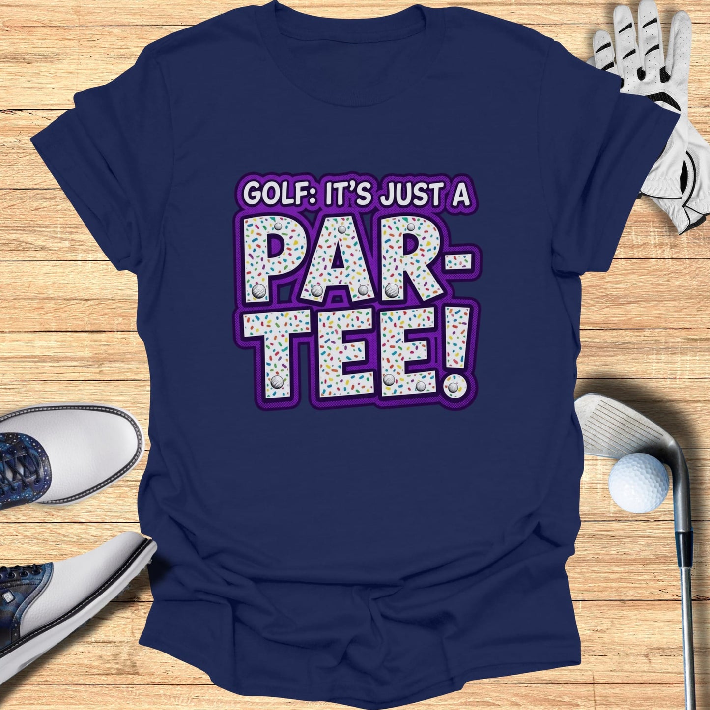 Navy t-shirt with "GOLF: IT'S JUST A PAR-TEE!" text.