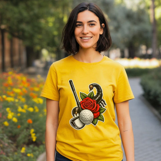 Yellow Shirt with Scorpion Golf Rose Design Tee