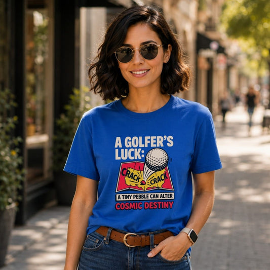 Blue t-shirt with golf ball "crack" graphic and text: A Golfer's Luck.