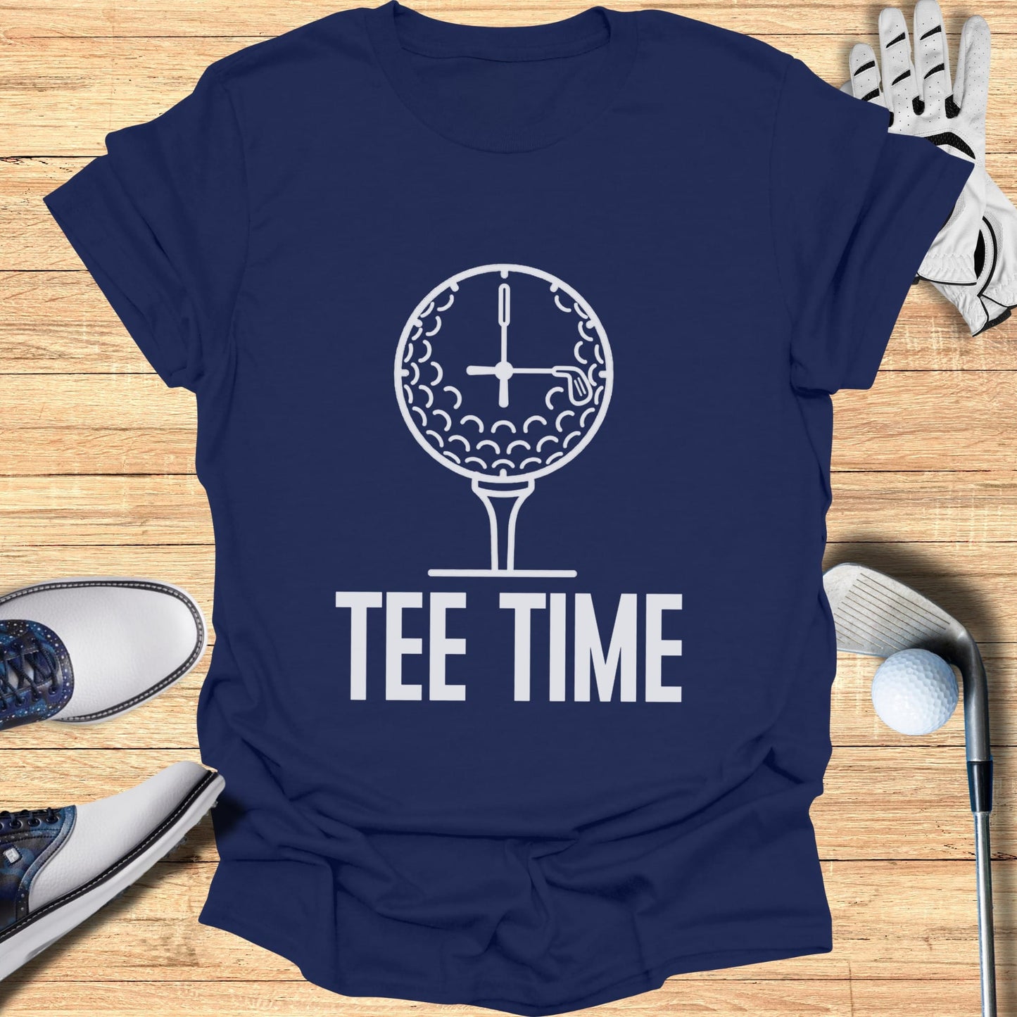Navy t-shirt with "TEE TIME" and a clock face on a golf ball.