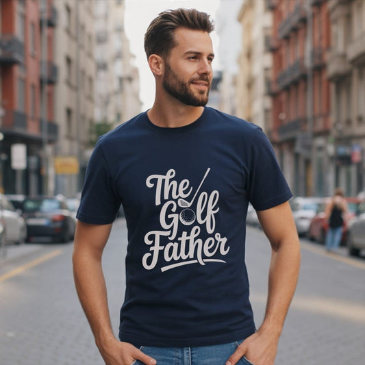 Man wearing a navy t-shirt with "The Golf Father" text and golf club.