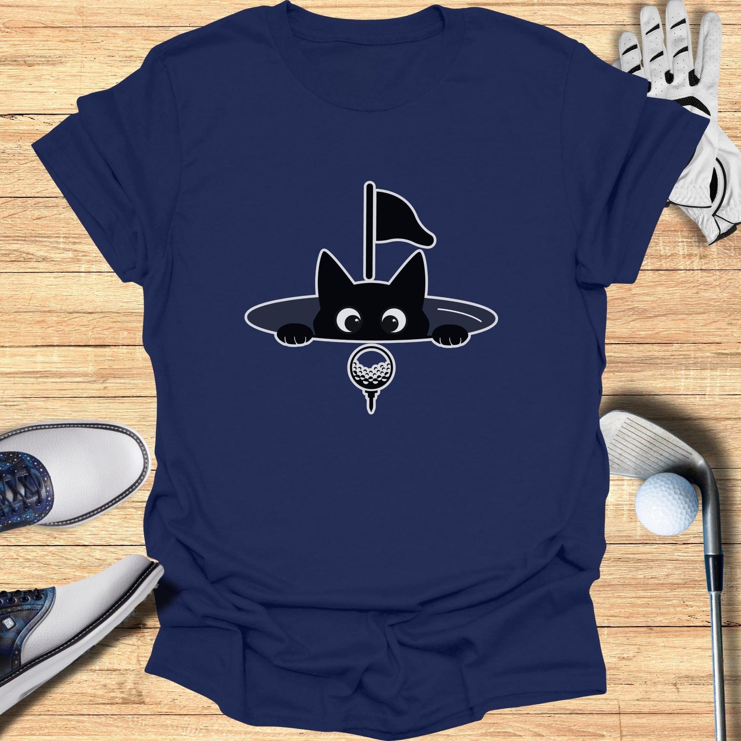 Cute Cat Peeking Golf Hole Graphic Tee Shirt