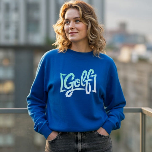 Stylish blue sweatshirt with eye catching Golf text