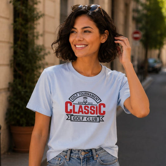 Light blue t-shirt with "Classic Golf Club" logo and "Golf Tournament" text.