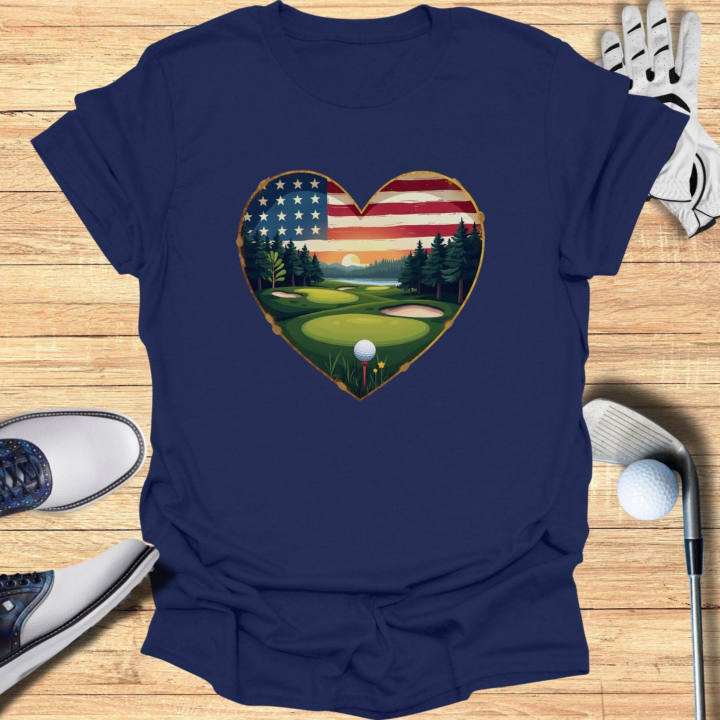 Heart Golf Course USA Flag T-Shirt - Funny Golf Tee by Swing Epic