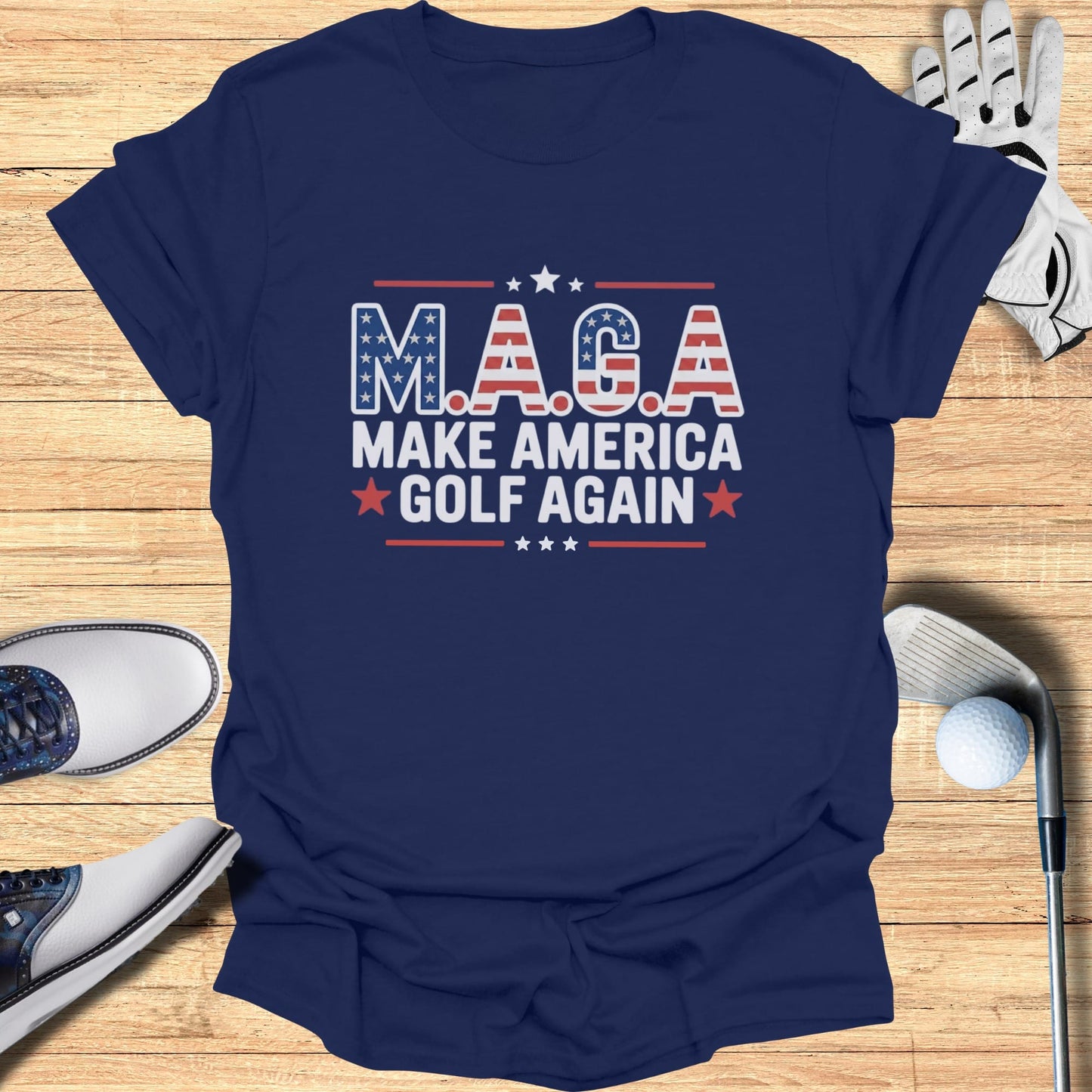 Navy t-shirt with "M.A.G.A. Make America Golf Again" text in red, white, and blue.