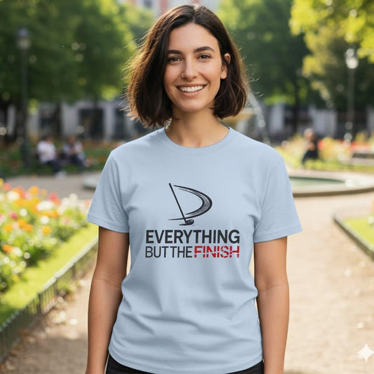 Light blue t-shirt with "EVERYTHING BUT THE FINISH" and a golf club graphic.