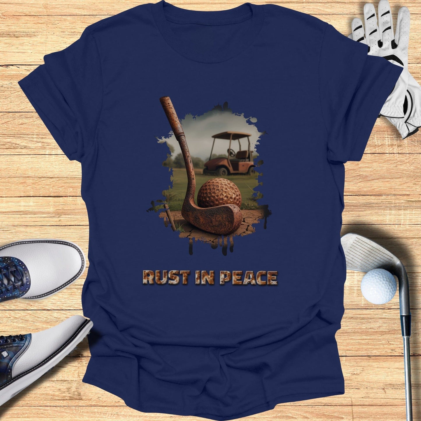 Rust In Peace T-Shirt - Funny Golf Tee by Swing Epic