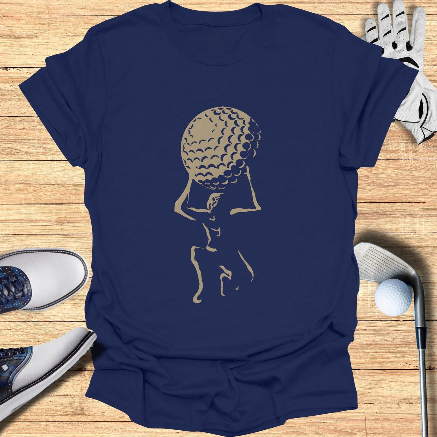 Navy t-shirt with a graphic of a stylized figure holding a golf ball overhead.