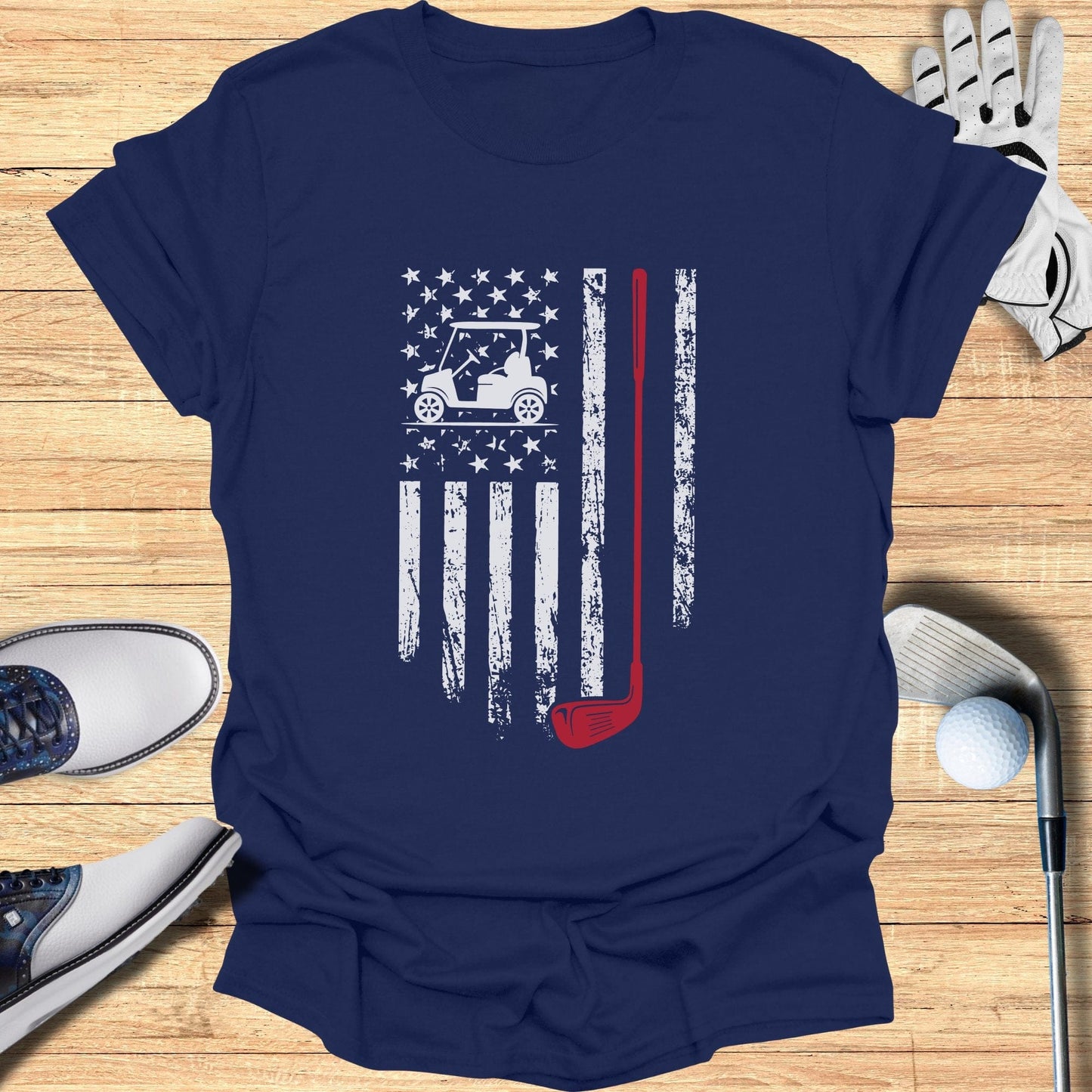 Patriotic Golf Cart USA Flag T-Shirt - Funny Golf Tee by Swing Epic