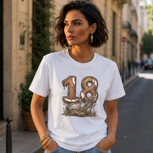 White t-shirt with "18" made of chocolate donuts and a broken crown.