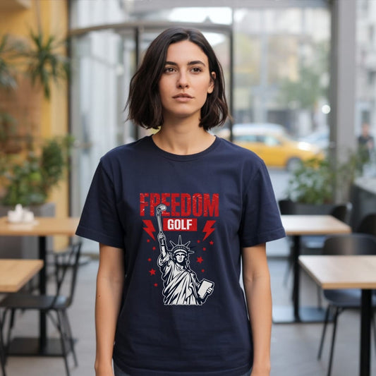 Navy t-shirt featuring the words FREEDOM GOLF with a Statue of Liberty graphic.