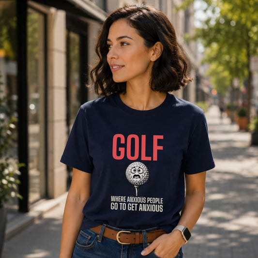 Woman wearing navy t-shirt with "GOLF WHERE ANXIOUS PEOPLE GO TO GET ANXIOUS" text.