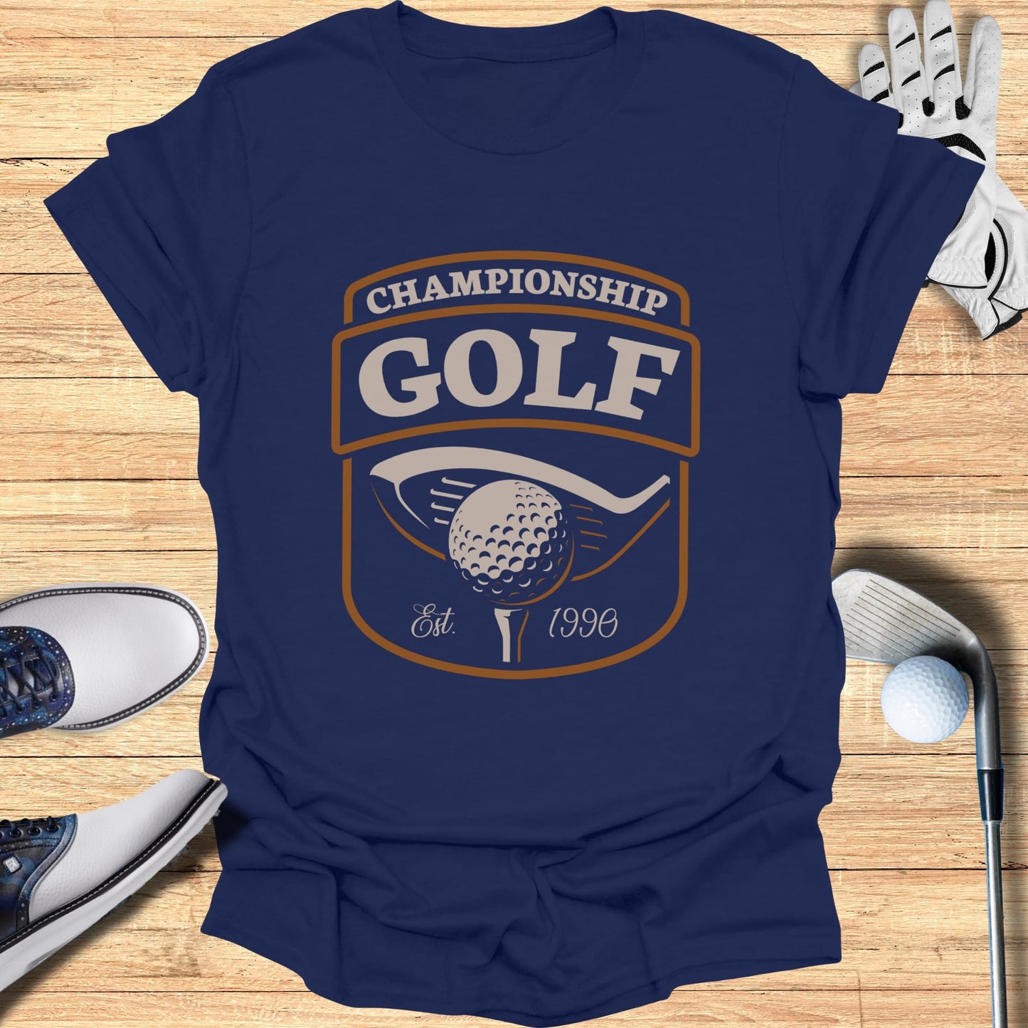 Navy t-shirt with "Championship Golf" logo featuring a golf ball and club.