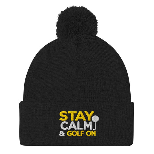Stay Calm & Golf On Funny Embroidered Golf Pom-Pom Beanie - Funny Golf Tee by Swing Epic