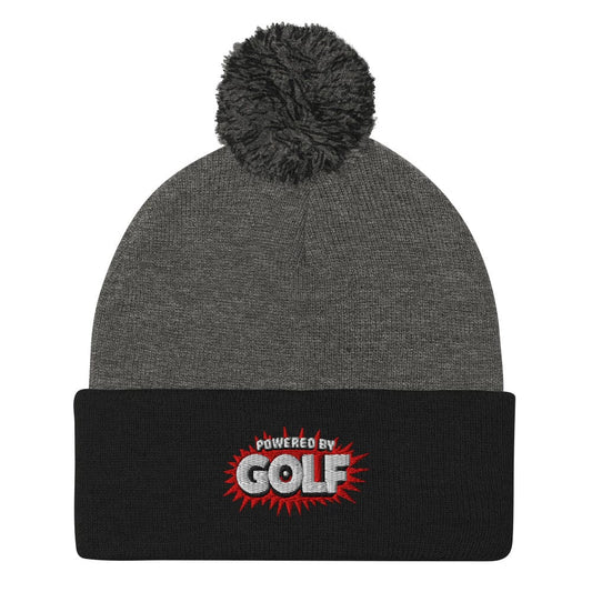 Powered By Golf Funny Embroidered Golf Pom-Pom Beanie - Funny Golf Tee by Swing Epic