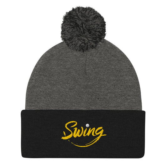 Swing into Action Statement Embroidered Golf Pom-Pom Beanie - Funny Golf Tee by Swing Epic