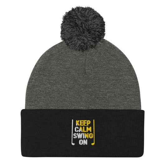 Keep Calm Swing On Embroidered Golf Pom-Pom Beanie - Funny Golf Tee by Swing Epic
