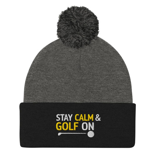 Stay Calm and Golf On Funny Embroidered Golf Pom-Pom Beanie - Funny Golf Tee by Swing Epic