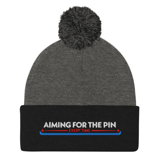 Aiming for the Pin Every Time Embroidered Golf Pom-Pom Beanie - Funny Golf Tee by Swing Epic