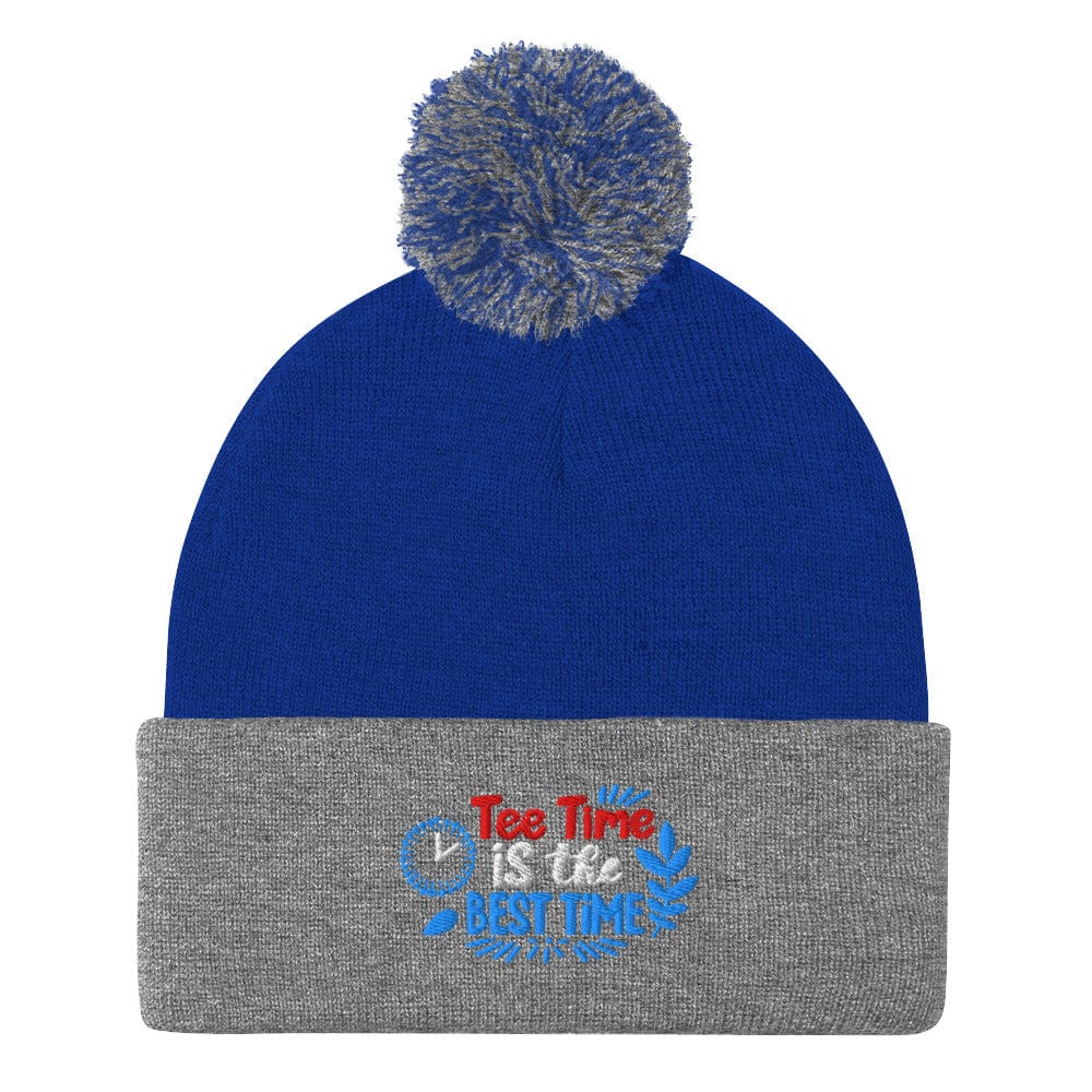 Tee Time Is The Best Time Embroidered Golf Pom-Pom Beanie - Funny Golf Tee by Swing Epic