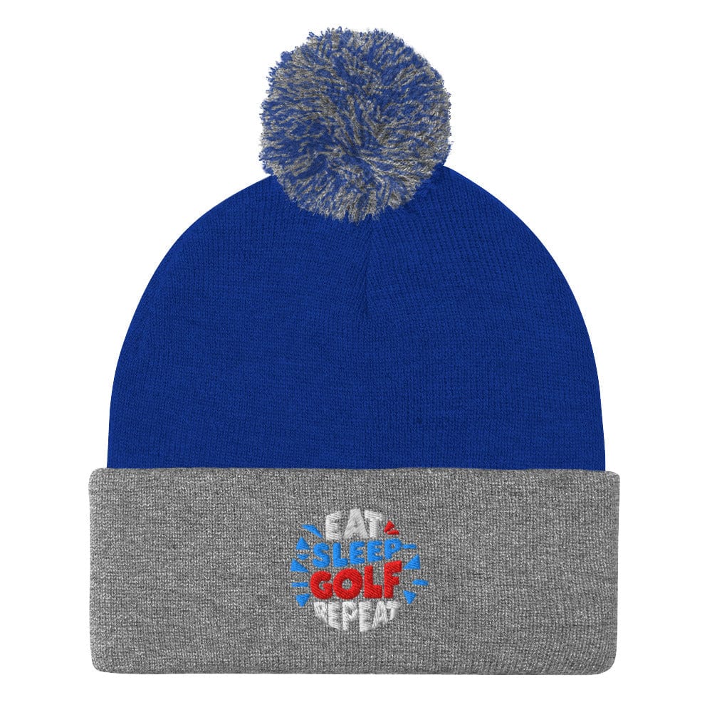 Eat Sleep Golf Repeat Fun Embroidered Golf Pom-Pom Beanie - Funny Golf Tee by Swing Epic