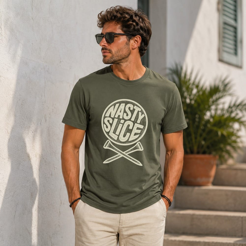 Man wearing green t-shirt with "NASTY SLICE" and crossed golf tees graphic.
