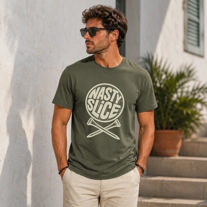 Man wearing green t-shirt with "NASTY SLICE" and crossed golf tees graphic.