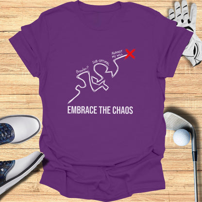 Purple t-shirt with "Embrace the Chaos" and a chaotic graphic.