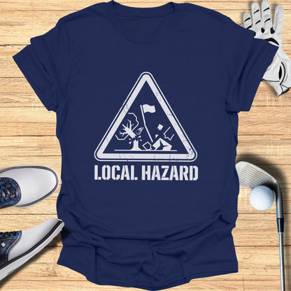Navy t-shirt with "LOCAL HAZARD" and golf hazard symbol.