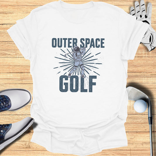 White t-shirt with astronaut golfing in outer space graphic and text.