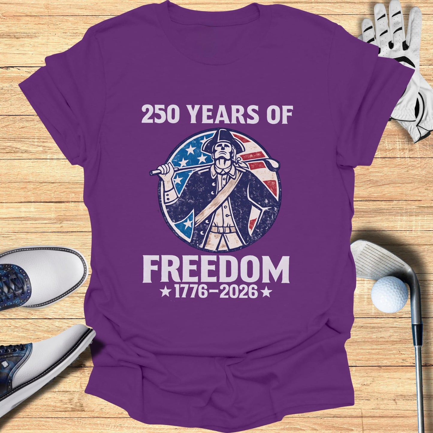 Purple t-shirt with "250 Years of Freedom" and a patriotic soldier graphic.
