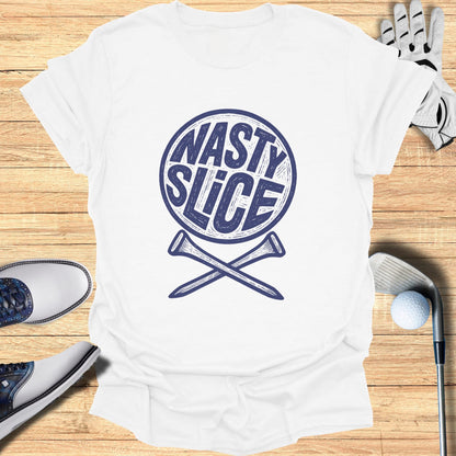 White t-shirt with "NASTY SLICE" text and crossed golf tees.