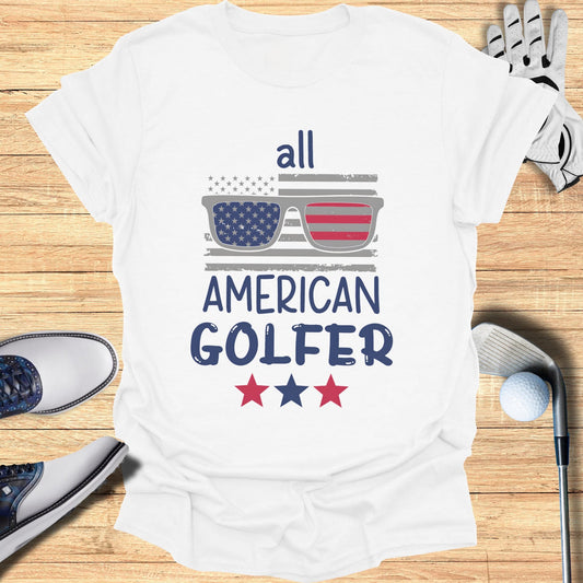 White t-shirt with "all AMERICAN GOLFER" and sunglasses graphic.