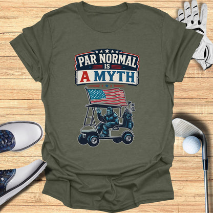 Gorilla driving golf cart with "Par Normal Is A Myth" text and American flag.