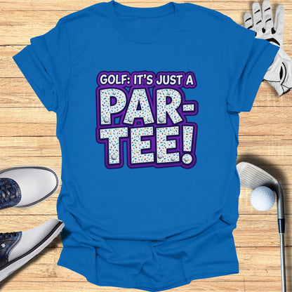 Blue t-shirt with "GOLF: IT'S JUST A PAR-TEE!" text and sprinkles.