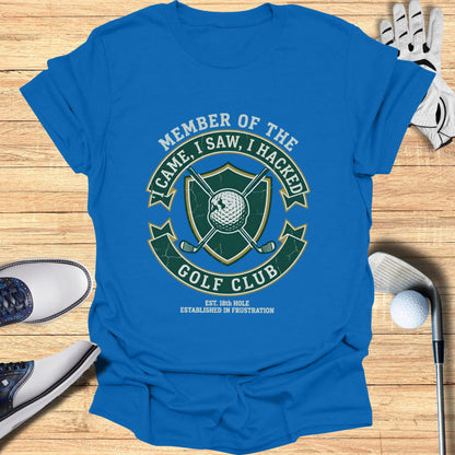 Blue t-shirt with "Member of the Golf Club" text and a golf theme.