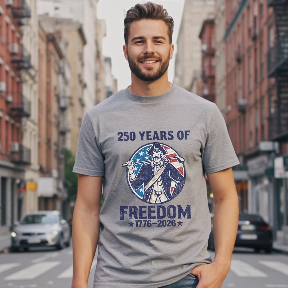 Man wearing gray t-shirt with "250 Years of Freedom" patriotic graphic.