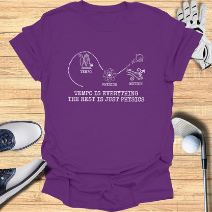 Purple t-shirt with "Tempo is Everything" and physics diagram.