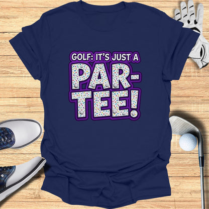 Navy t-shirt with "GOLF: IT'S JUST A PAR-TEE!" text.