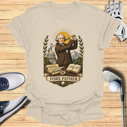 George Washington swinging golf club, with "Fore Father" text.