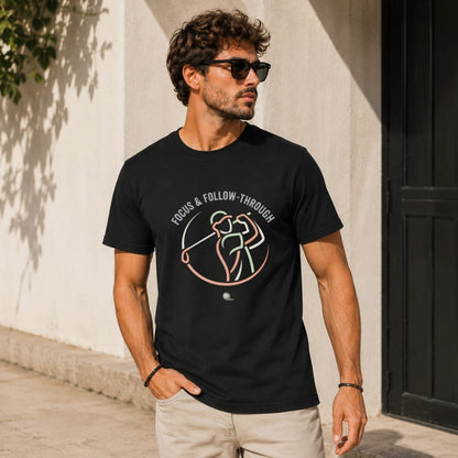 Man wearing black t-shirt with "FOCUS & FOLLOW-THROUGH" text and golf graphic.