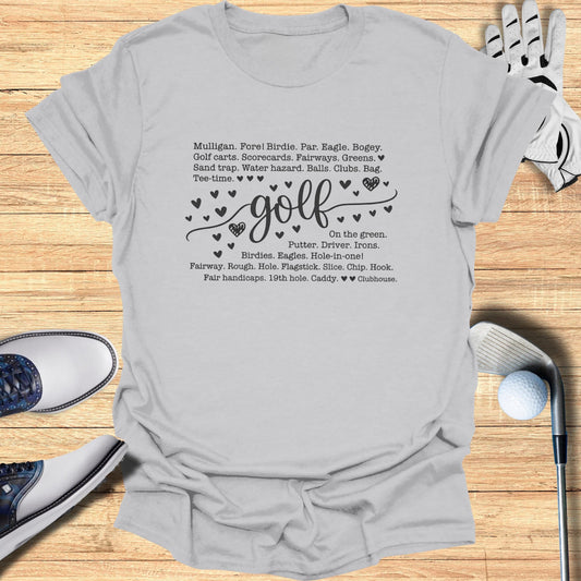 Gray t-shirt with "golf" text and golf-themed words in black and red.