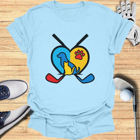 Hockey Dog and Cat Heart Design on Blue Shirt