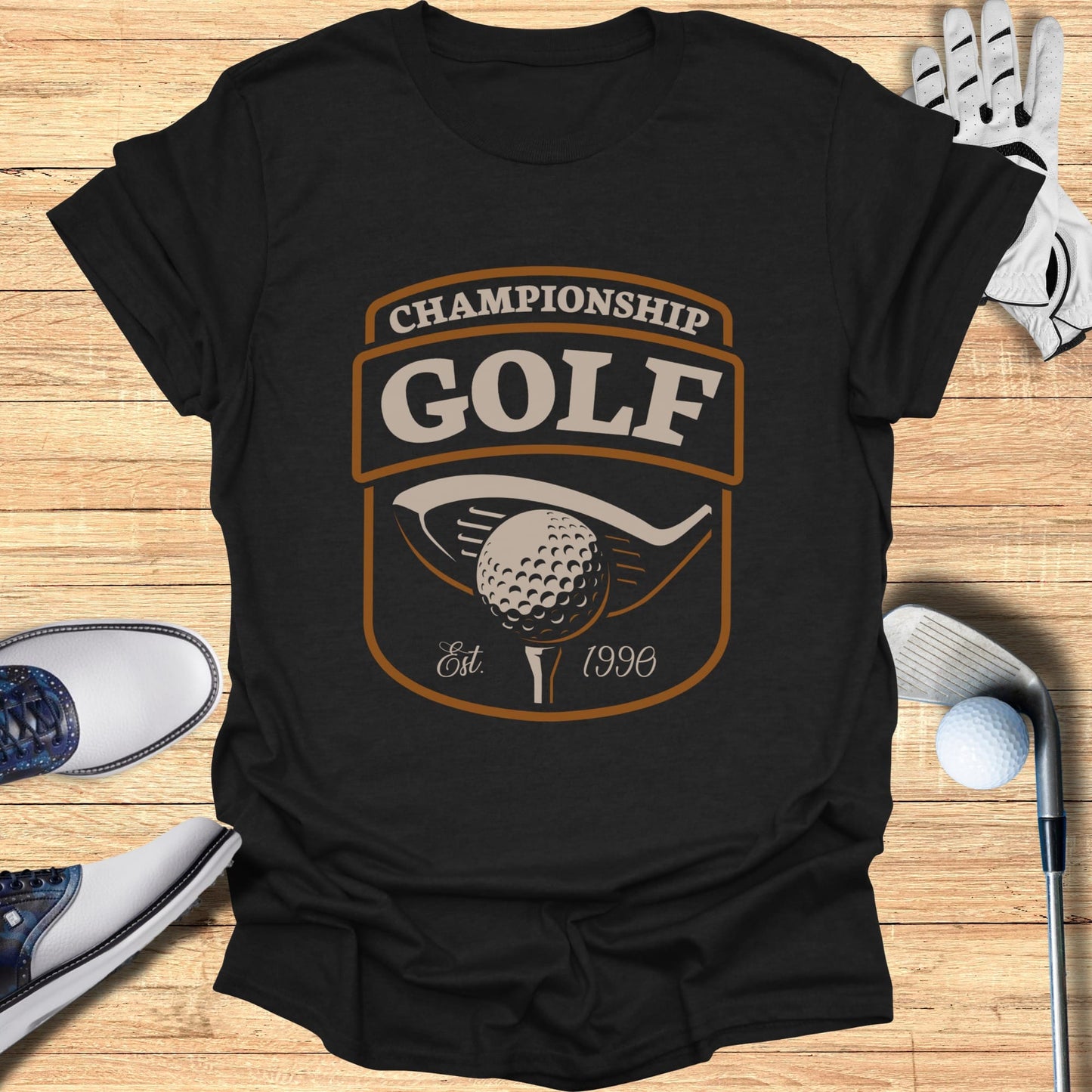 T-shirt with "Championship Golf" text and golf ball, club, and tee graphic.