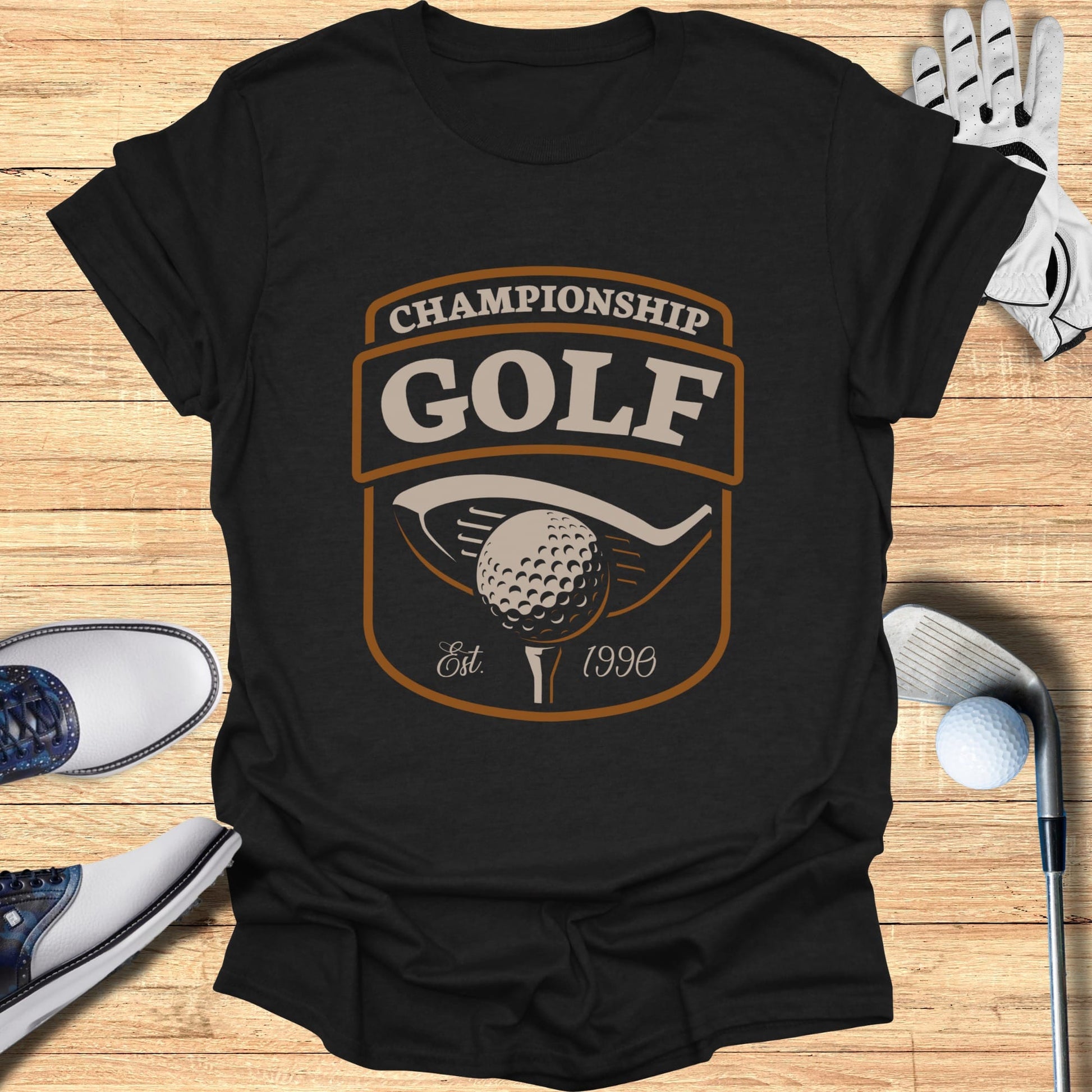 T-shirt with "Championship Golf" text and golf ball, club, and tee graphic.