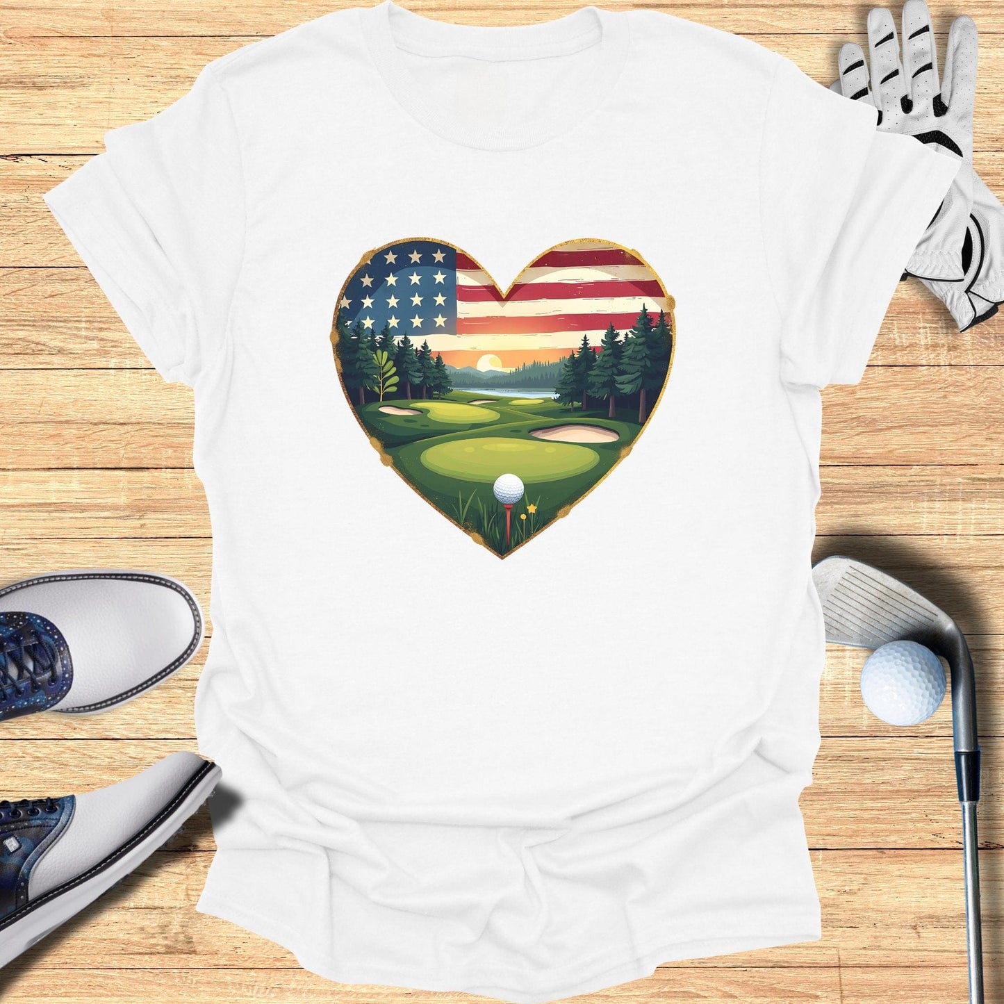 Heart Golf Course USA Flag T-Shirt - Funny Golf Tee by Swing Epic