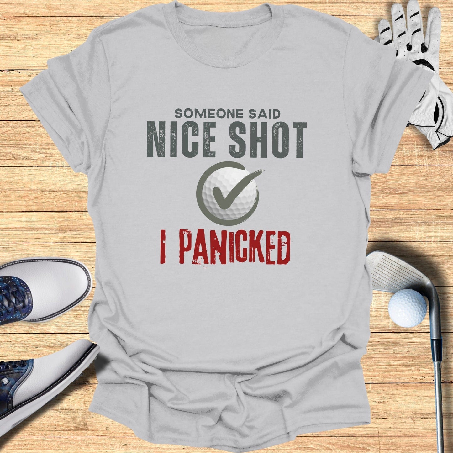 Nice Shot Panic T-Shirt - Funny Golf Tee by Swing Epic