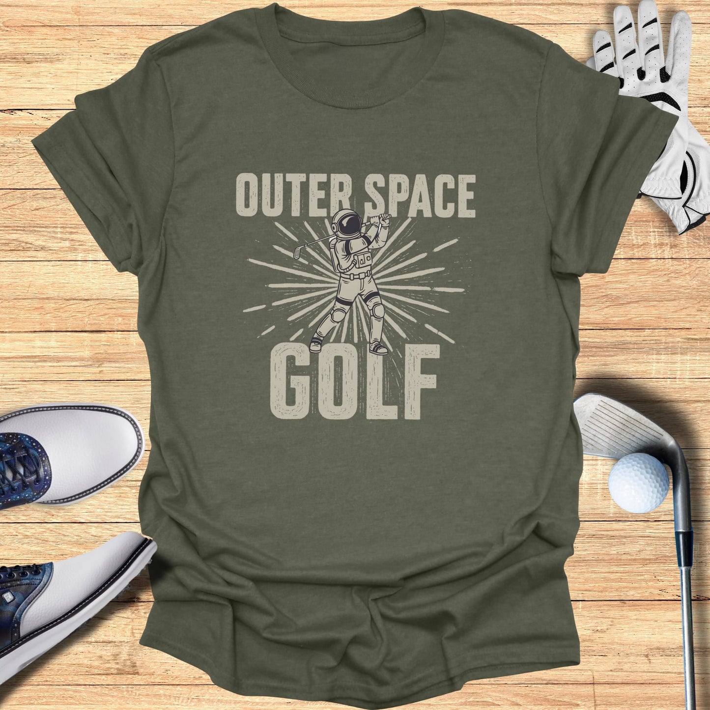Olive green t-shirt with "Outer Space Golf" text and astronaut graphic.
